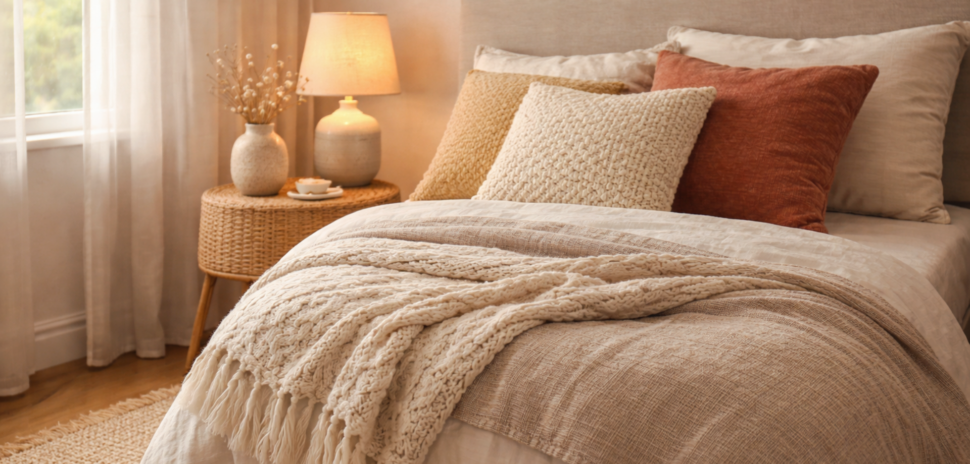 Cozy bedroom corner with layered pillows, soft throw blanket, accent stool, and warm lamp showing simple home decor under $50 for a relaxing modern space