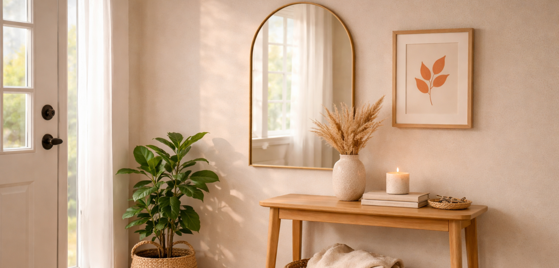 Minimal entryway styled with arched mirror, woven basket, indoor plant, and side table featuring budget-friendly home decor under $50 for a welcoming home entrance