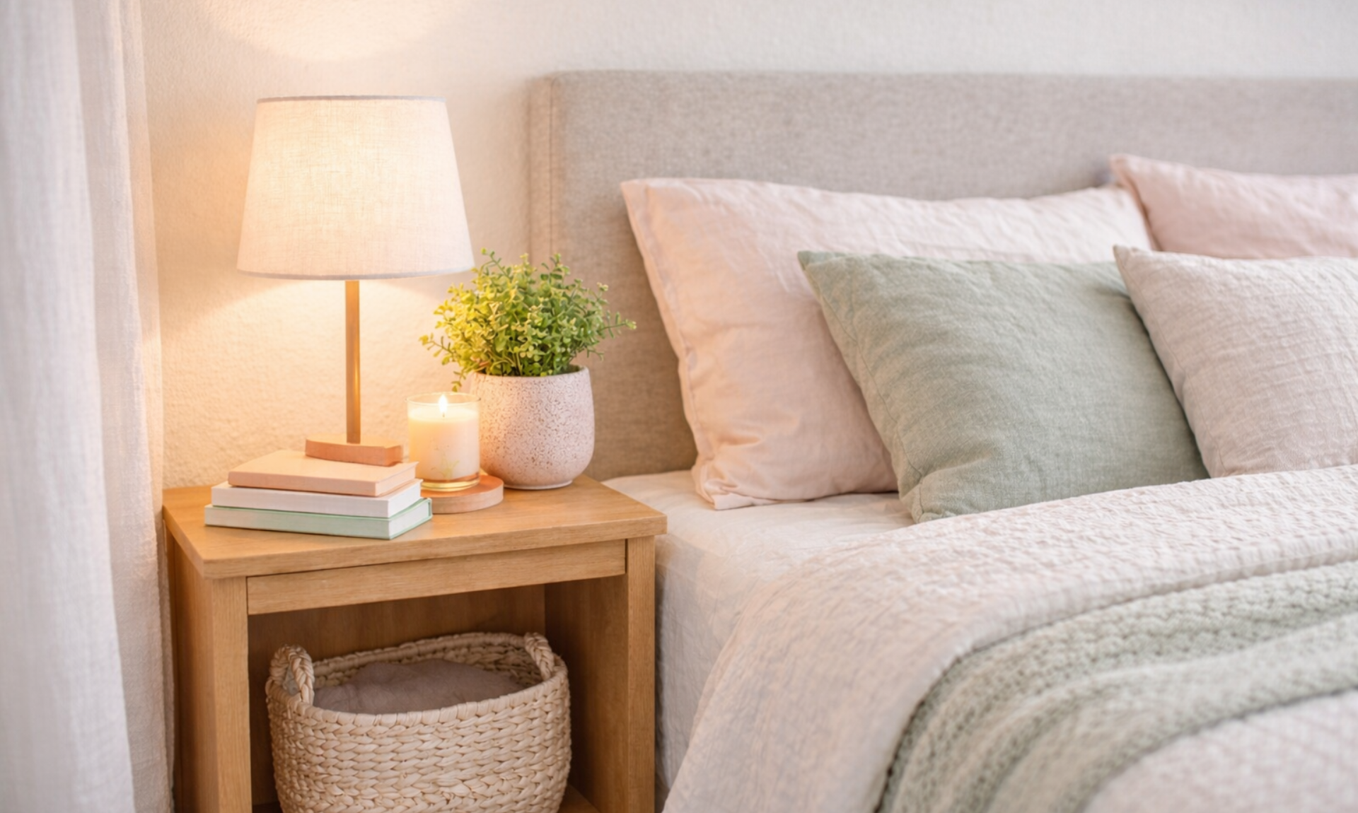 a close up of bedside table with a storage basket