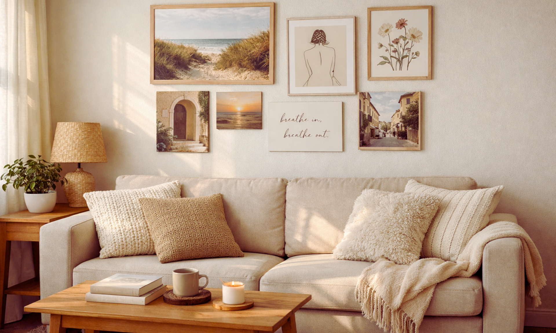 bright small apartment wall corner with slim mirror reflecting natural window light, adhesive floating shelf with small plants and framed print, white walls and pale wood accents creating airy renter friendly wall decor ideas in minimal scandinavian style