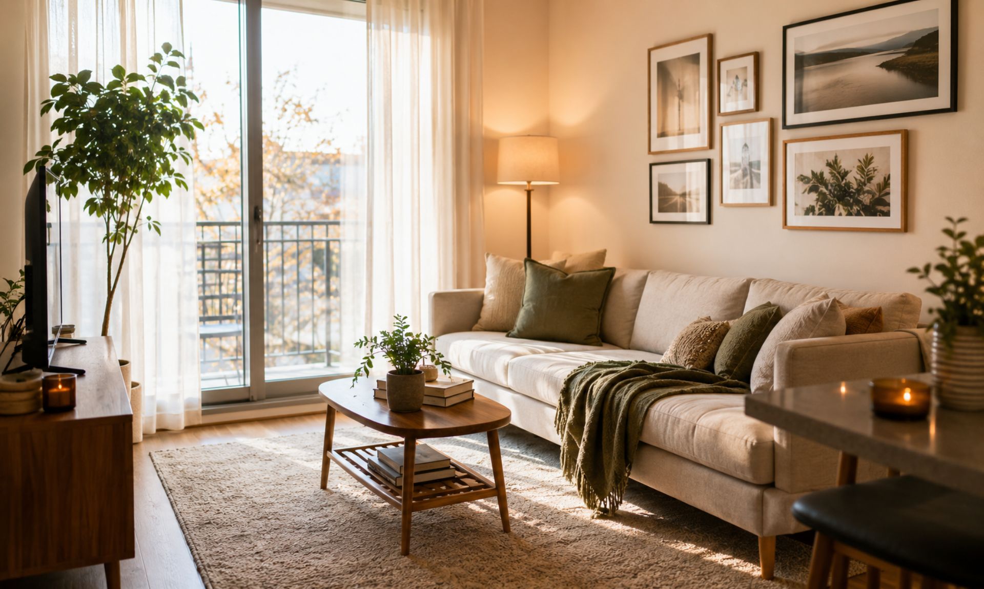 cozy small apartment living room with soft neutral rug, warm lamps, and layered cushions