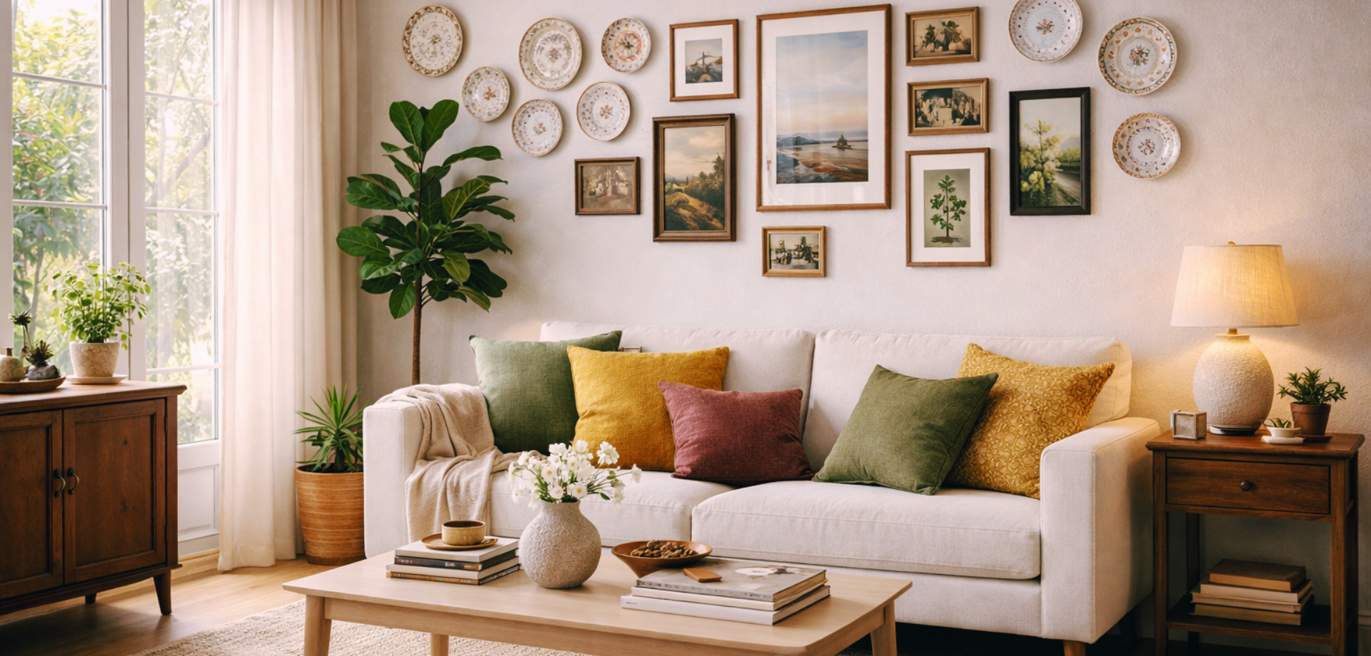 calm bedroom mixing thrift store finds with modern furniture, featuring layered bedding, vintage wooden chair, antique decor accents, and soft natural light